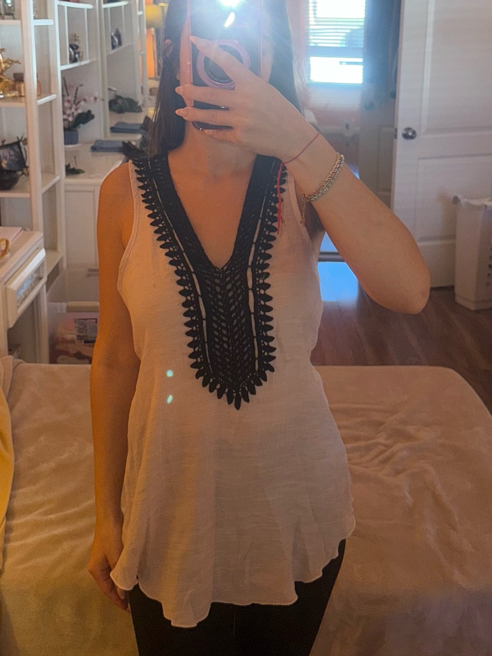 Sleeveless V-Neck Crochet Trim Tunic in Beige